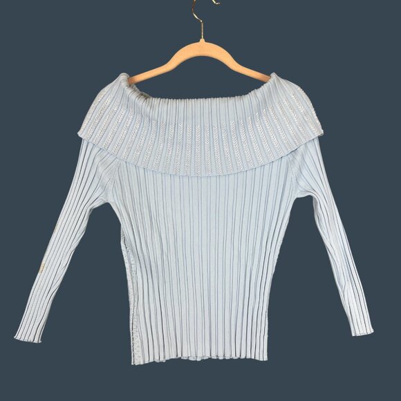 Beaded Womens Large Sweater Blue Ribbed Knit Off Shoulder Pullover Hong Kong 90s - Picture 2 of 13